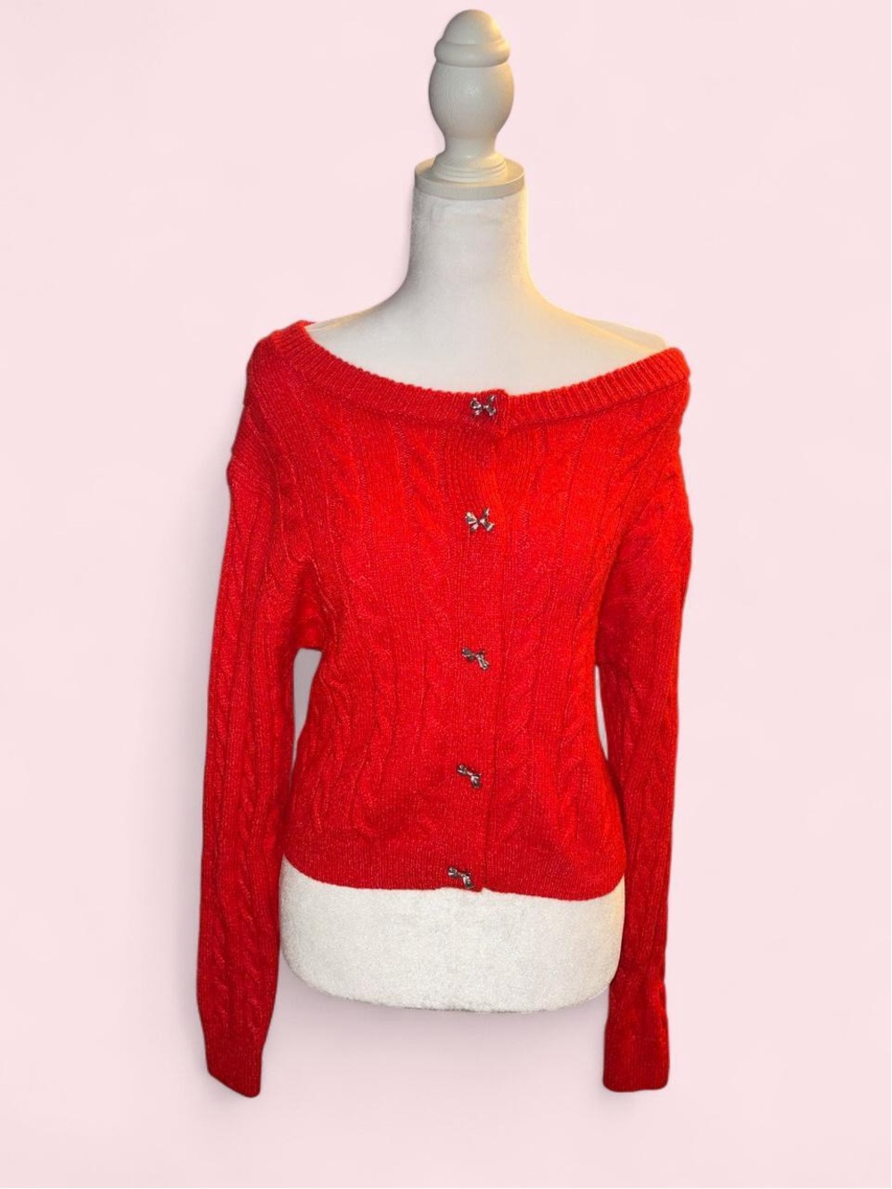 Jessica Simpson Red Cable Knit Sweater with Bow Buttons